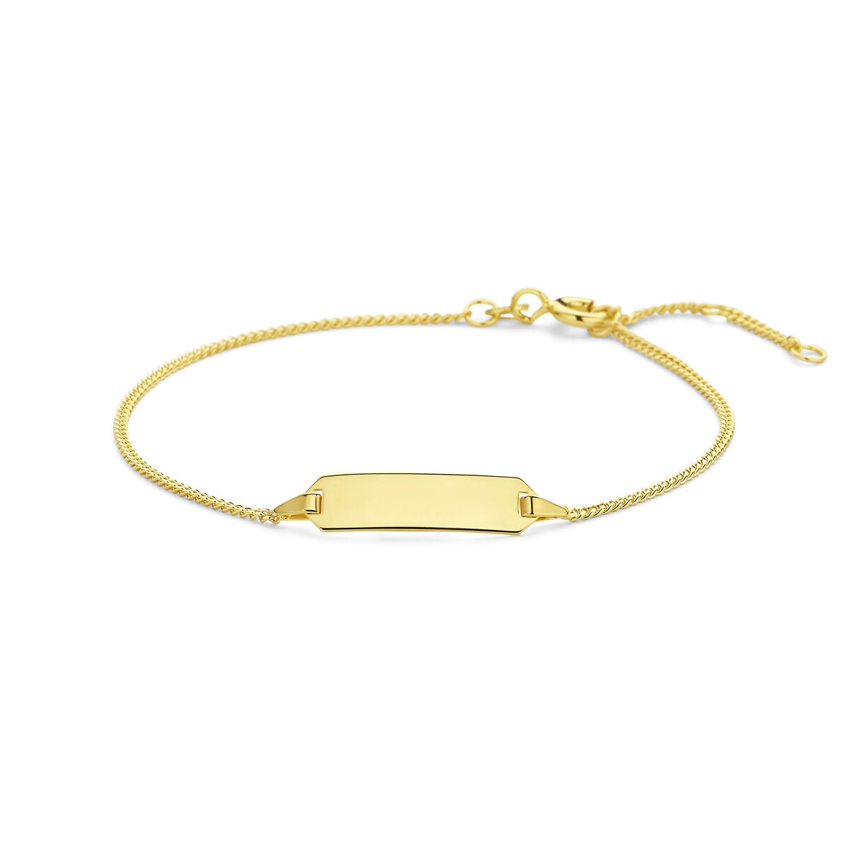 Gravurarmband aus 14K Gelbgold mit flacher Plakette und feinem, glattem Armband