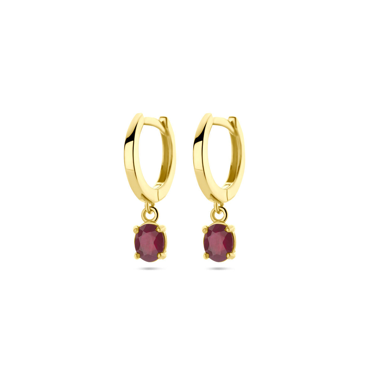 Klapp-Ohrringe aus 14K Gelbgold mit hängendem, ovalem Rubin in roter Farbe, Durchmesser 19 mm