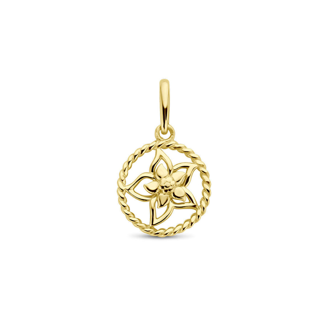 De hanger met geboortebloem 14K geelgoud van Van der Kooij Collectie heeft een vijfbladige bloem in een gedraaide cirkel en is ideaal als luxe geboortebloemsieraad voor liefhebbers van verfijnde sieraden.