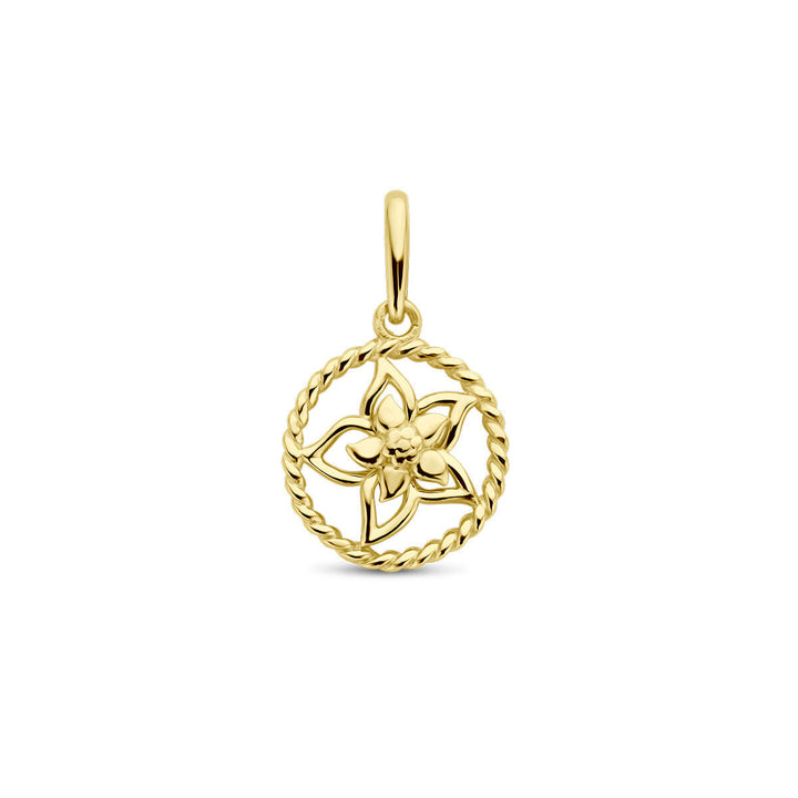 De hanger met geboortebloem 14K geelgoud van Van der Kooij Collectie heeft een vijfbladige bloem in een gedraaide cirkel en is ideaal als luxe geboortebloemsieraad voor liefhebbers van verfijnde sieraden.