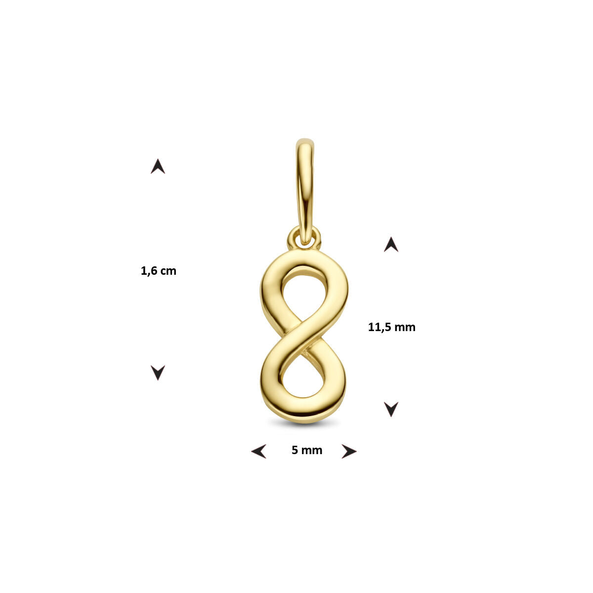 De hanger infinity 14K geelgoud van Van der Kooij Collectie is circa 1,6 cm hoog, 1,15 cm breed en 5 mm dik. Dit dames sieraad met een lus voor een ketting is ideaal als vriendschapscadeau en wordt afgebeeld op een witte achtergrond.