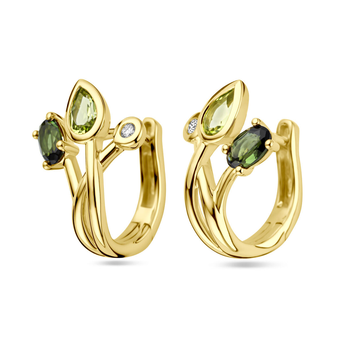 Klapp-Ohrringe aus 14K Gelbgold mit grünem Turmalin, Peridot und Diamant 0,03 ct (2x 0,015 ct)