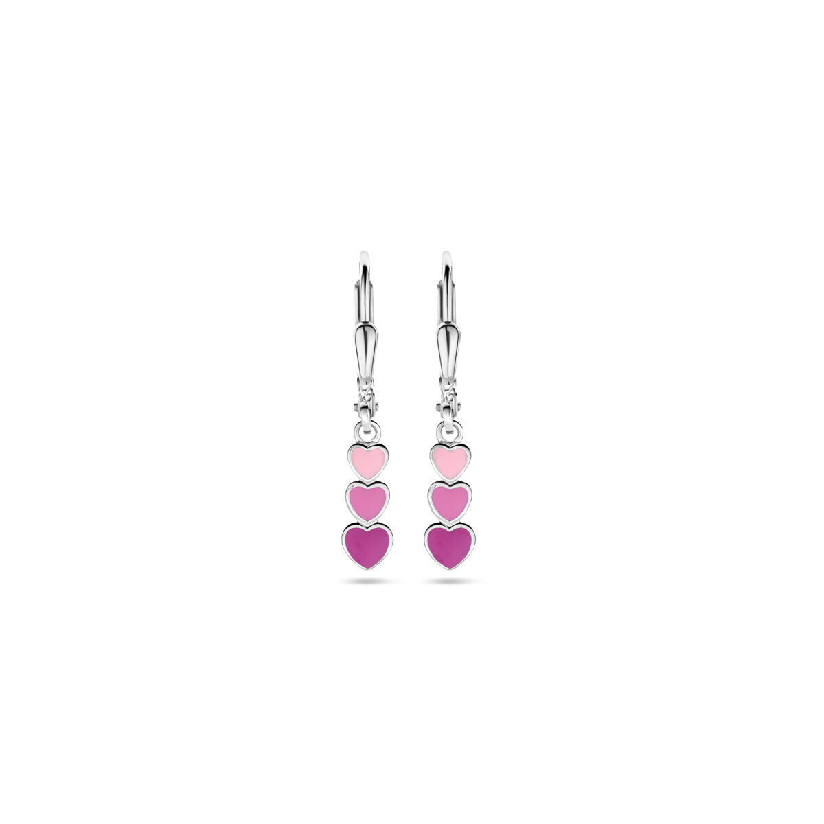 Ohrhänger mit drei herzförmigen, emaillierten Anhängern in Pink- und Lilatönen, rhodiniertes Silber