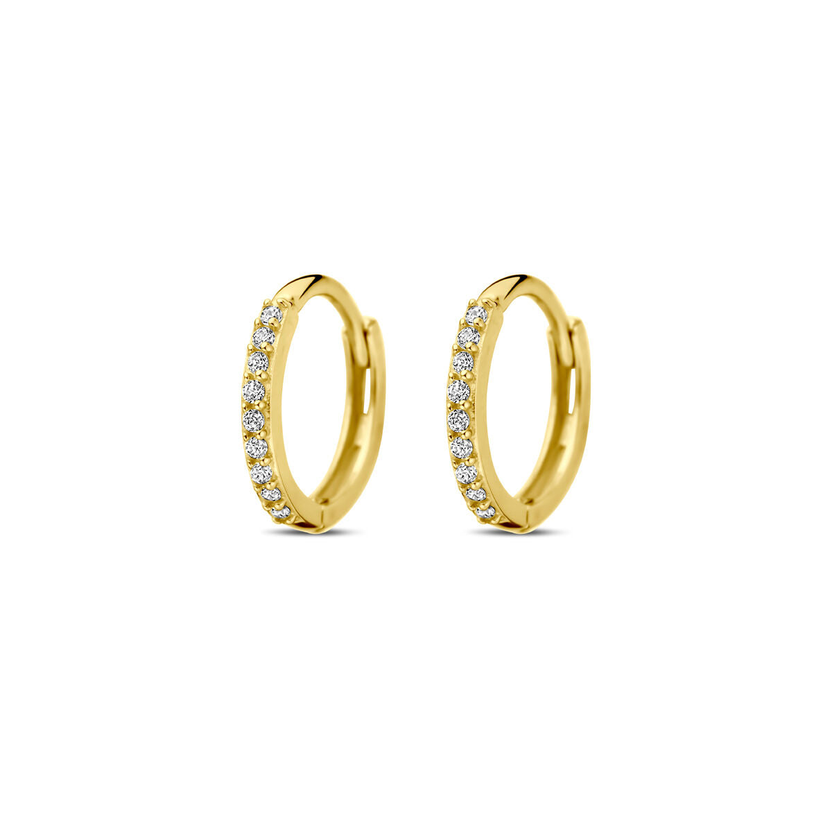 Klapp-Ohrringe aus 14K Gelbgold mit Zirkonia, Durchmesser 10 mm, glänzende Oberfläche