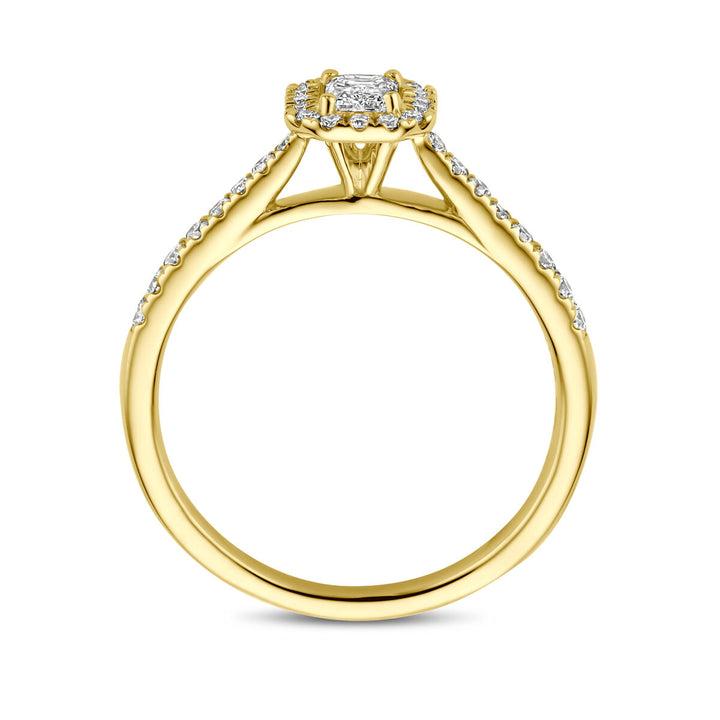 De Van der Kooij Collectie ring lab grown diamant 0,48ct h si in 14K geelgoud heeft een verhoogd vierkant clusterontwerp met accentdiamanten langs de band, waardoor een elegante look ontstaat vanaf de zijkant.