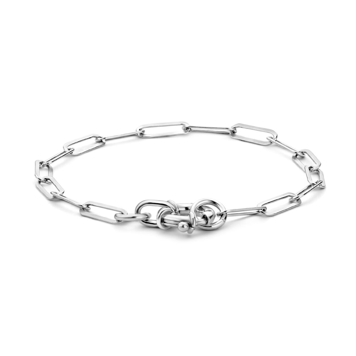 Armband aus rhodiniertem Silber mit flachen Paperclip-Gliedern und großem Federringverschluss, 17 cm lang