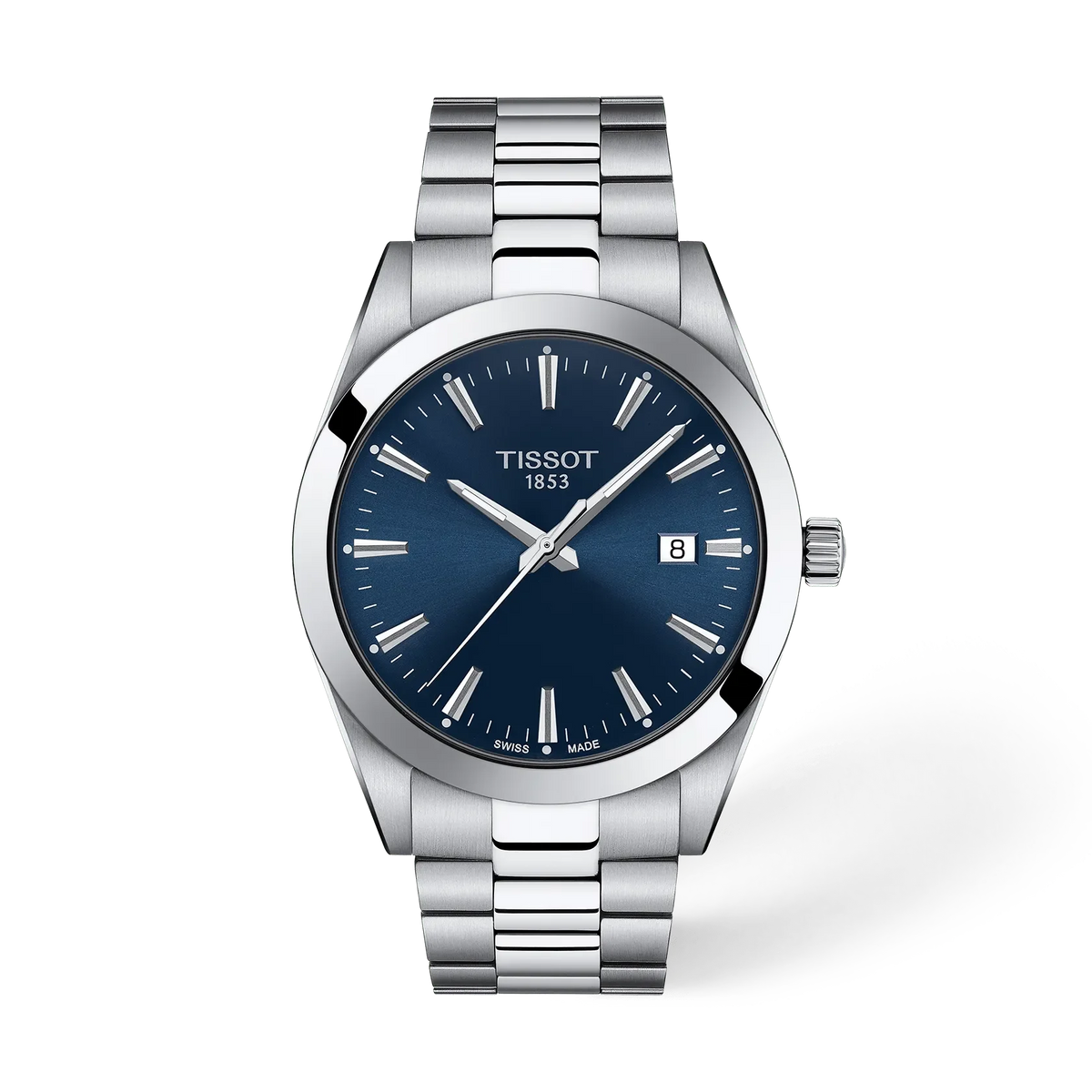Herrenarmbanduhr mit silbernem Gehäuse und blauem Zifferblatt, Edelstahl-Armband mit Gliederdesign