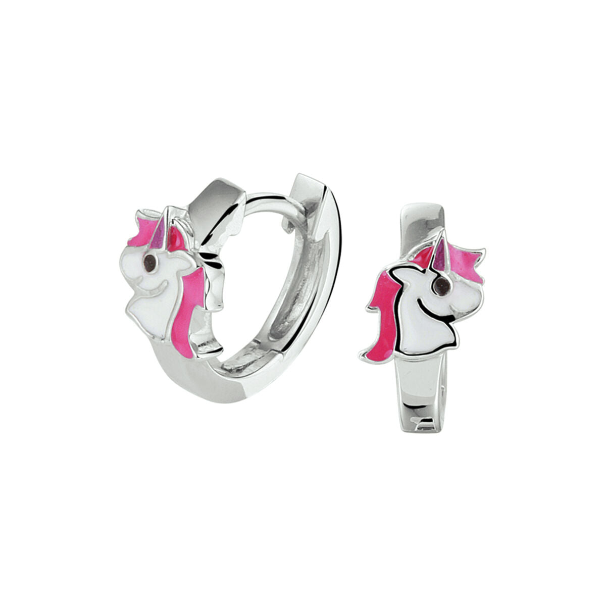 Klapp-Ohrringe aus rhodiniertem Silber mit einem Einhorn-Motiv in Pink und Weiß