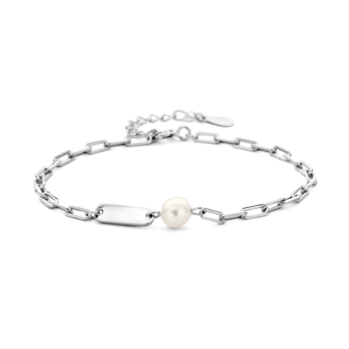 Graveerarmband aus rhodiniertem Silber mit einer weißen Perle und ovaler Plakette
