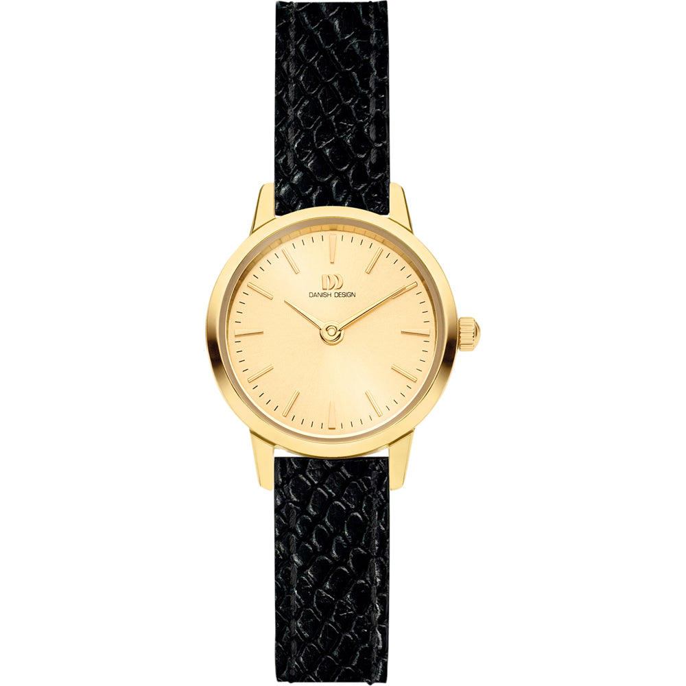 Damenarmbanduhr mit goldenem Zifferblatt und schwarzem Lederarmband