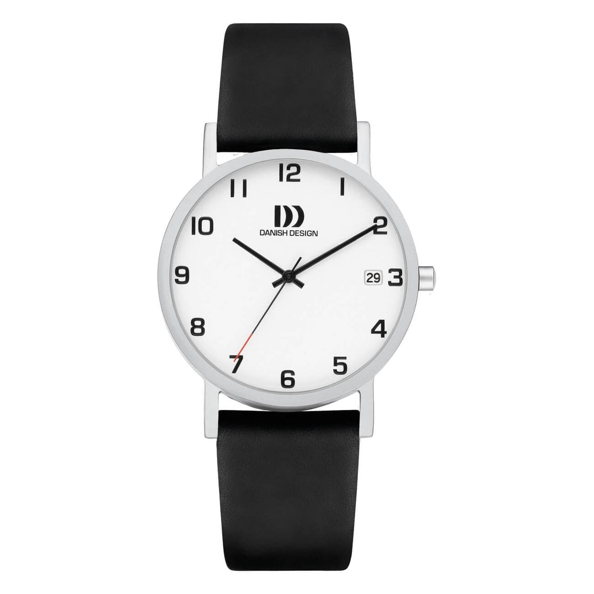 Uhr mit silbernem Gehäuse, weißem Zifferblatt und schwarzem Lederarmband