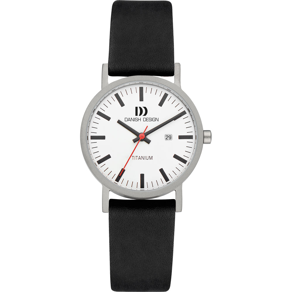 Damenarmbanduhr mit weißem Zifferblatt, schwarzem Lederarmband und titanium Gehäuse