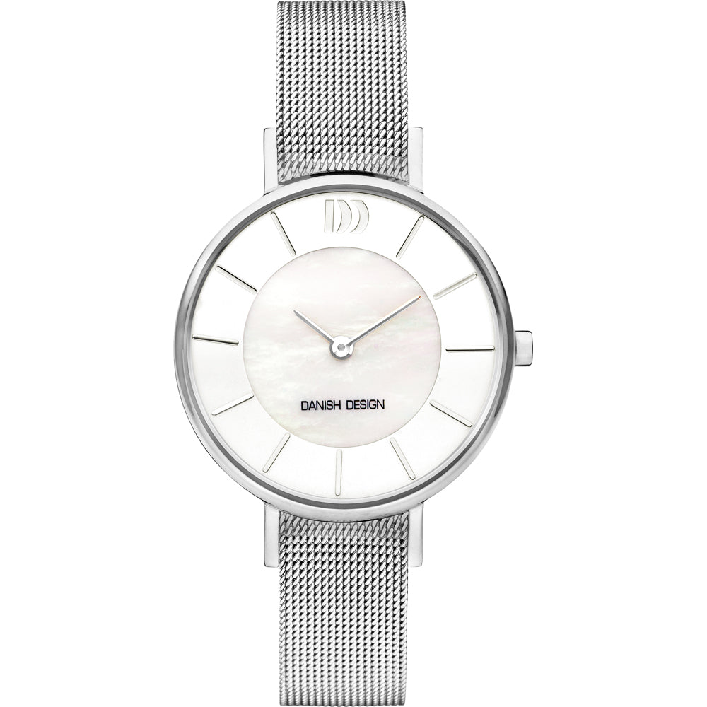 Uhr mit silbernem Mesh-Armband und weißem Zifferblatt, minimalistisches Design mit klaren Linien