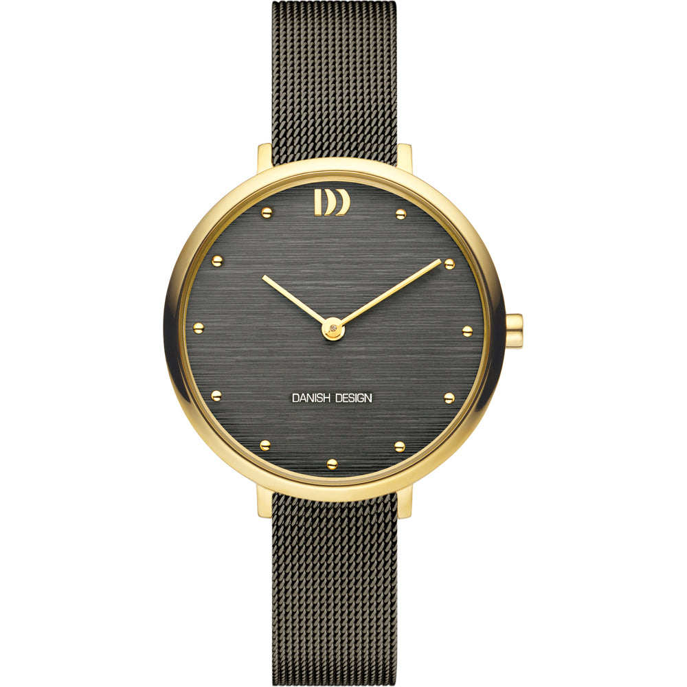 Uhr mit schwarzem Zifferblatt, goldfarbenem Gehäuse und schwarzem Mesh-Armband