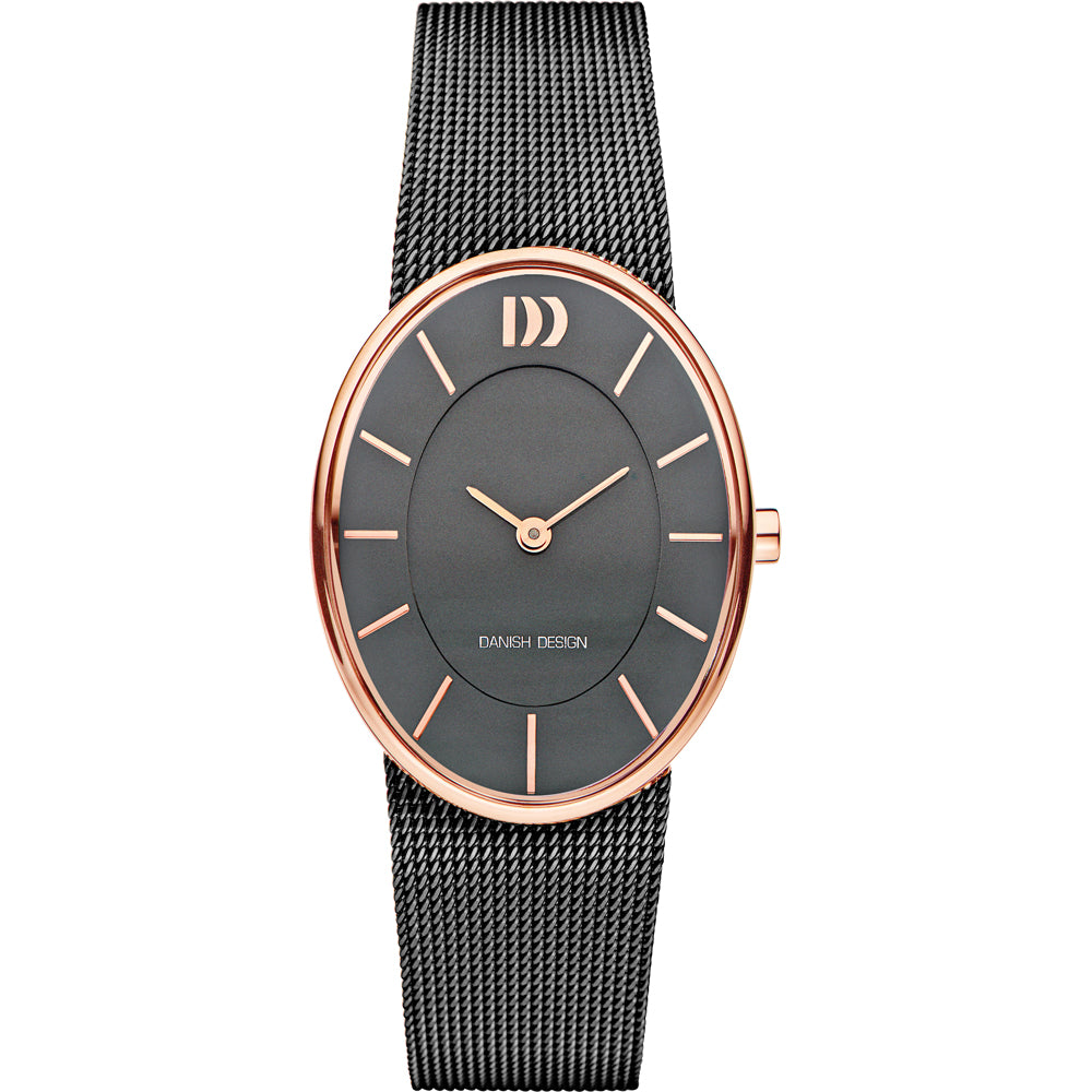 Damenarmbanduhr mit grauem Zifferblatt und roségoldenem Gehäuse, Mesh-Armband in Schwarz