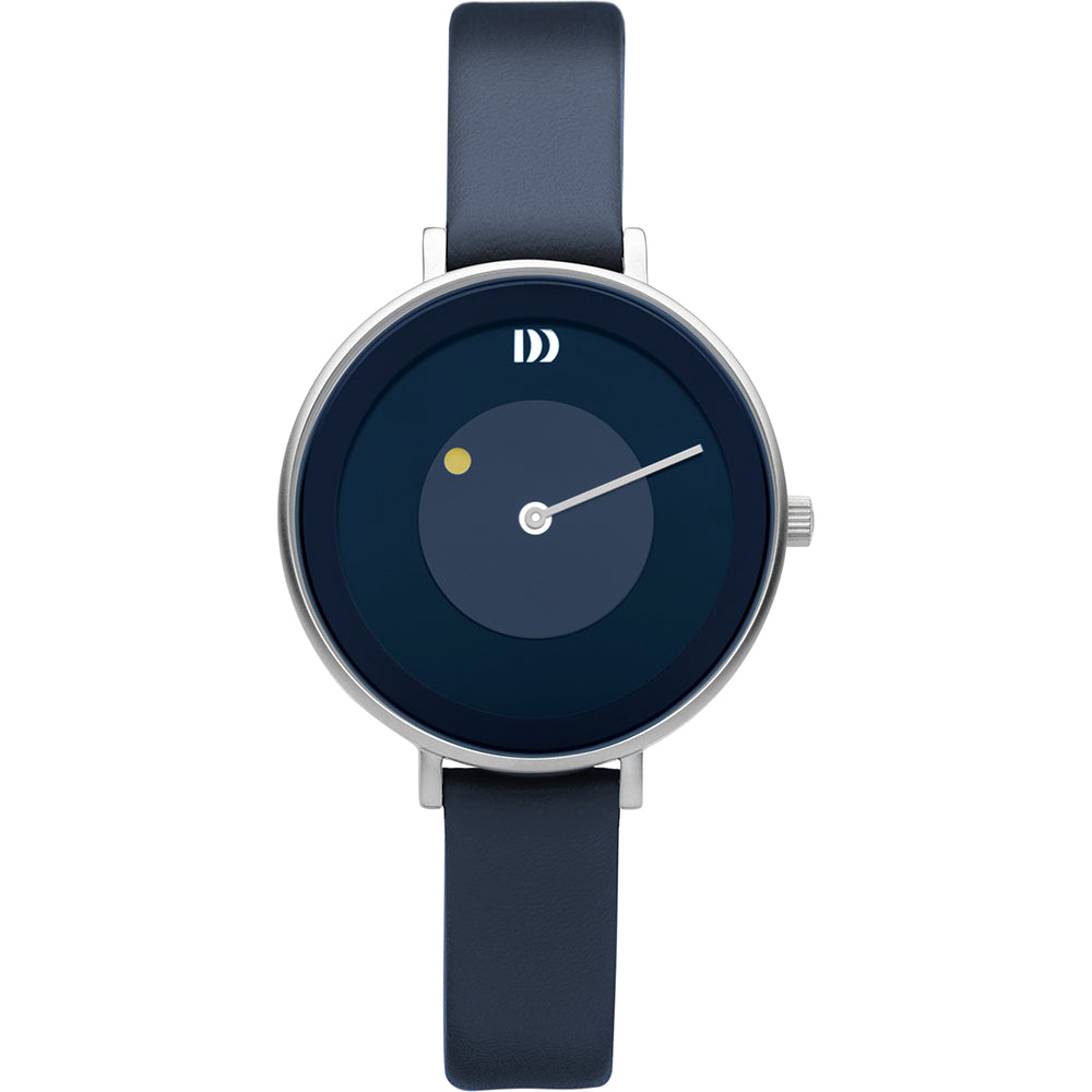 Uhr mit blauem Zifferblatt und schwarzem Lederarmband