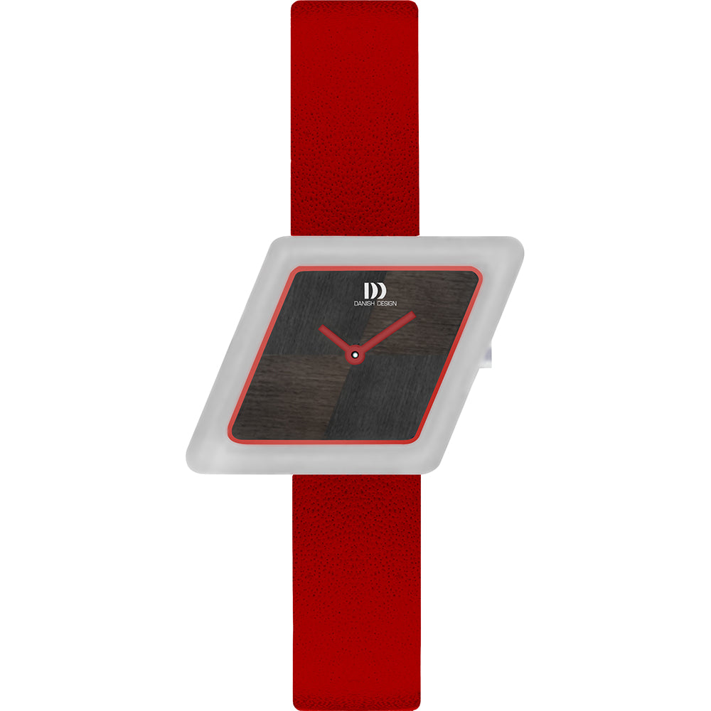 Uhr mit quadratischem Gehäuse, schwarzem Zifferblatt und rotem Lederarmband