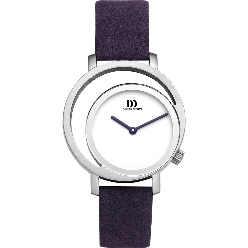 Damenarmbanduhr mit weißem Zifferblatt und lila Lederarmband