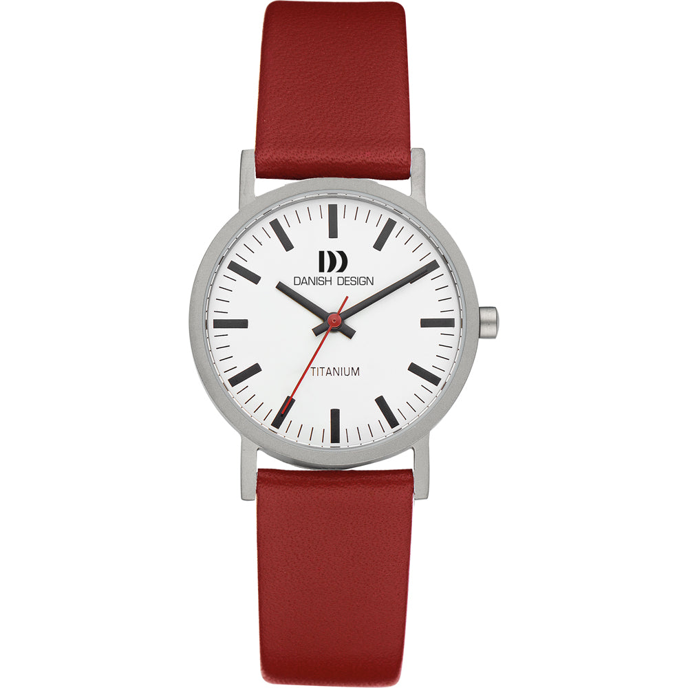 Uhr mit silbernem Gehäuse, weißem Zifferblatt und rotem Armband