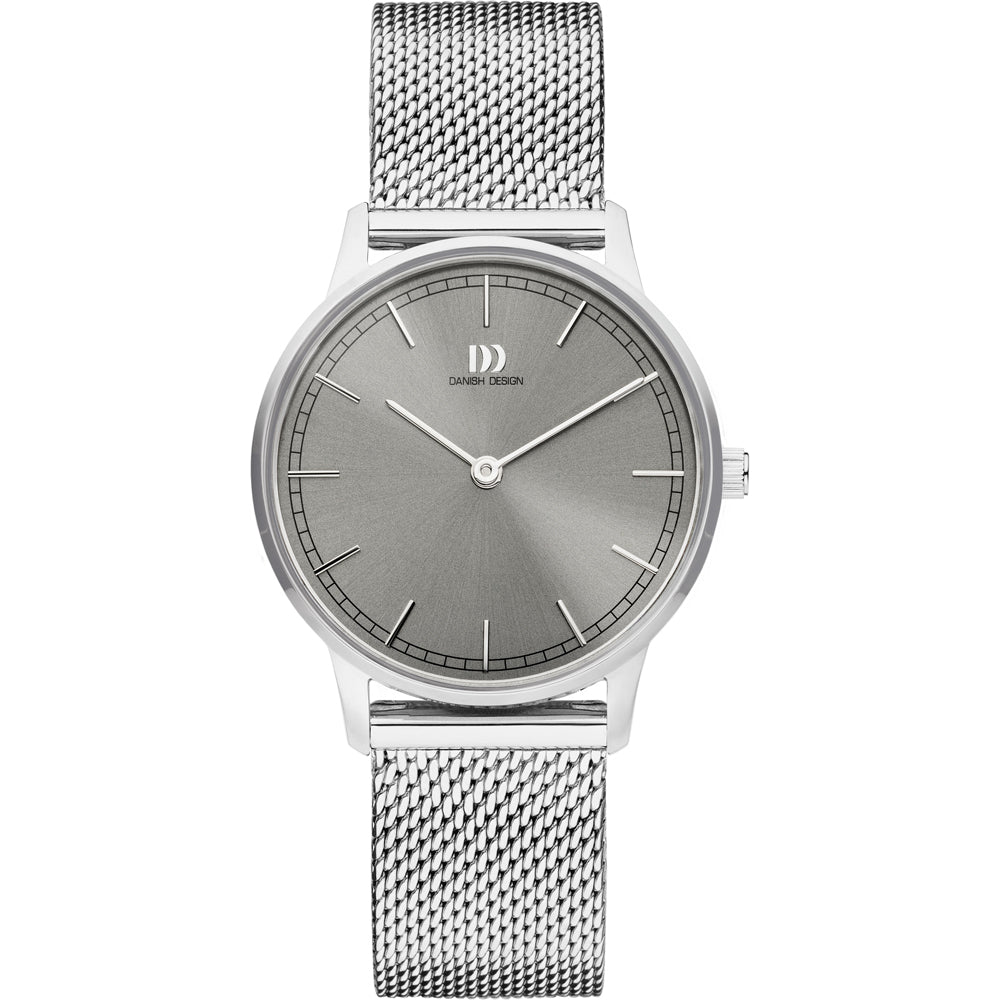 Uhr mit grauem Zifferblatt, silbernem Gehäuse und silbernem Mesh-Armband