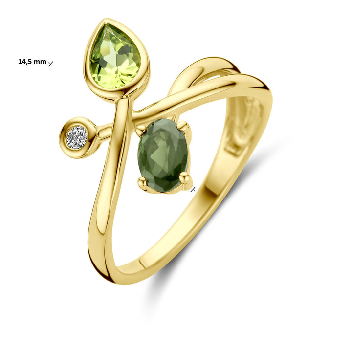 Van der Kooij Collectie 14K geelgouden ring met een groen toermalijn, peridot en 0.03ct H SI diamant, open ontwerp van 14.5 mm voor een unieke uitstraling.