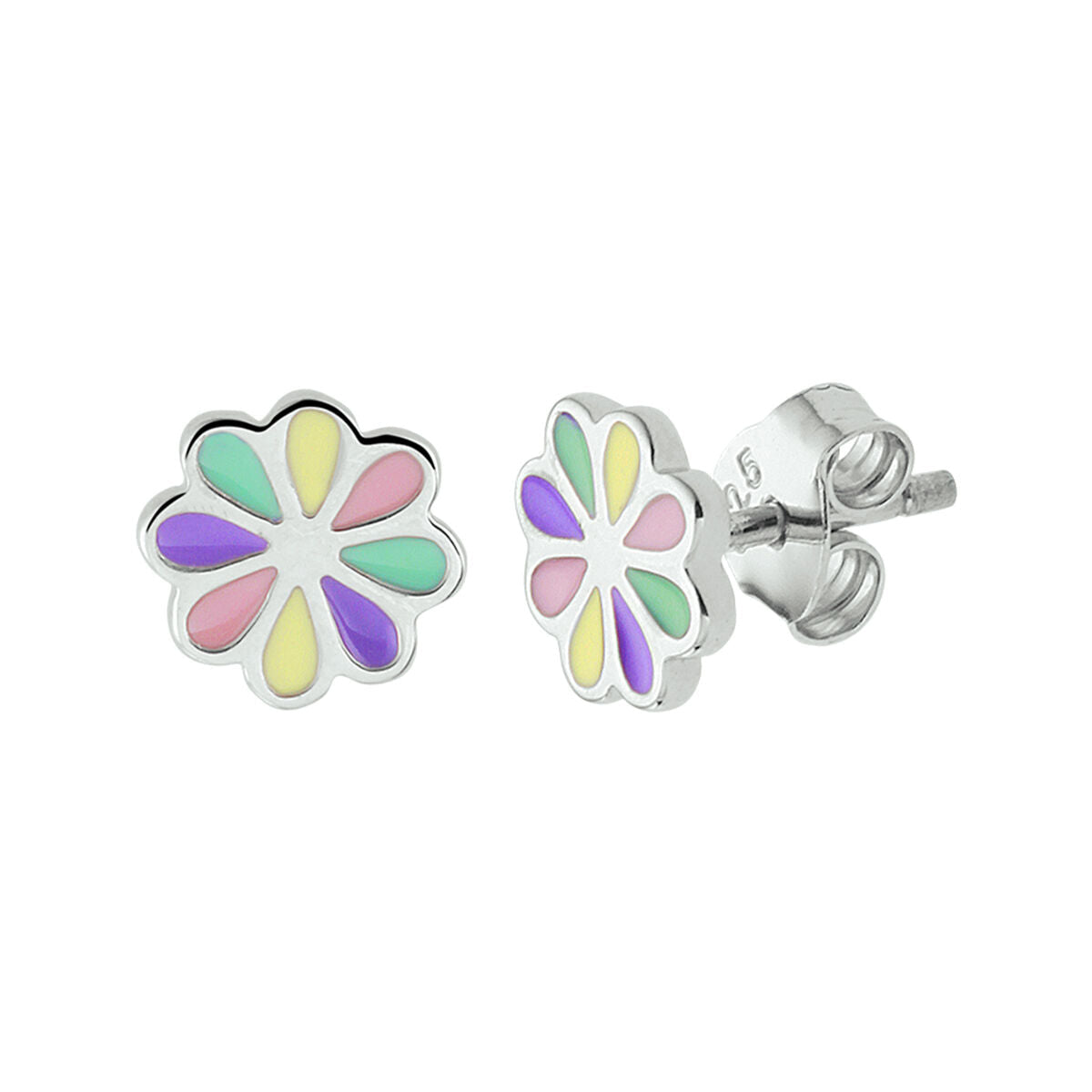 Ohrstecker in Blumenform aus rhodiniertem Silber mit buntem Emaille-Dekor