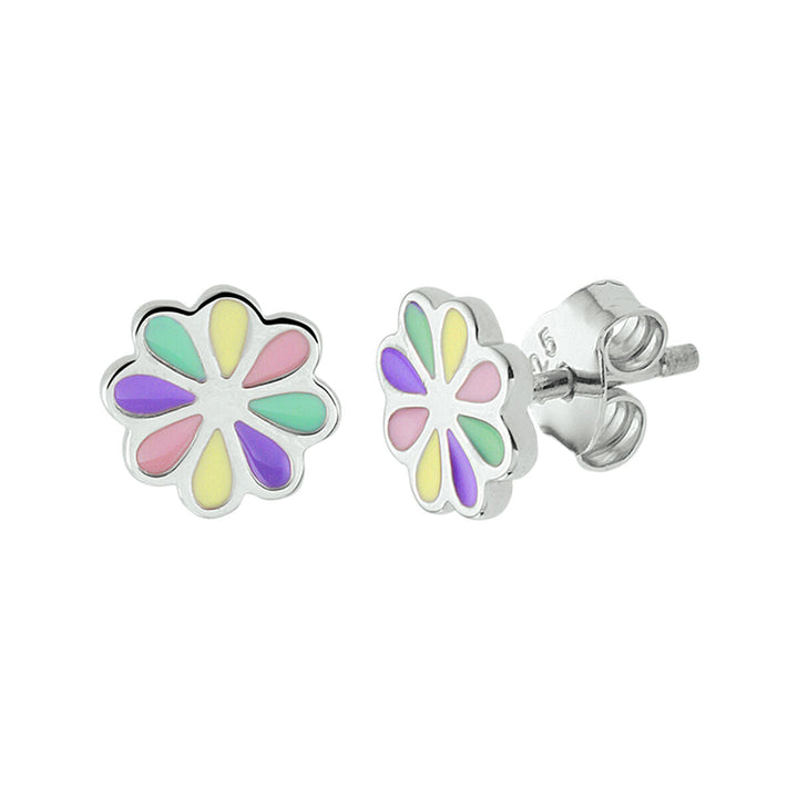 De Van der Kooij Collectie oorknoppen bloem zilver gerhodineerd hebben pastelroze, gele, groene en paarse bloemblaadjes in een bloemvorm met vlinderrug - perfect glanzende unisex kinder oorbellen.