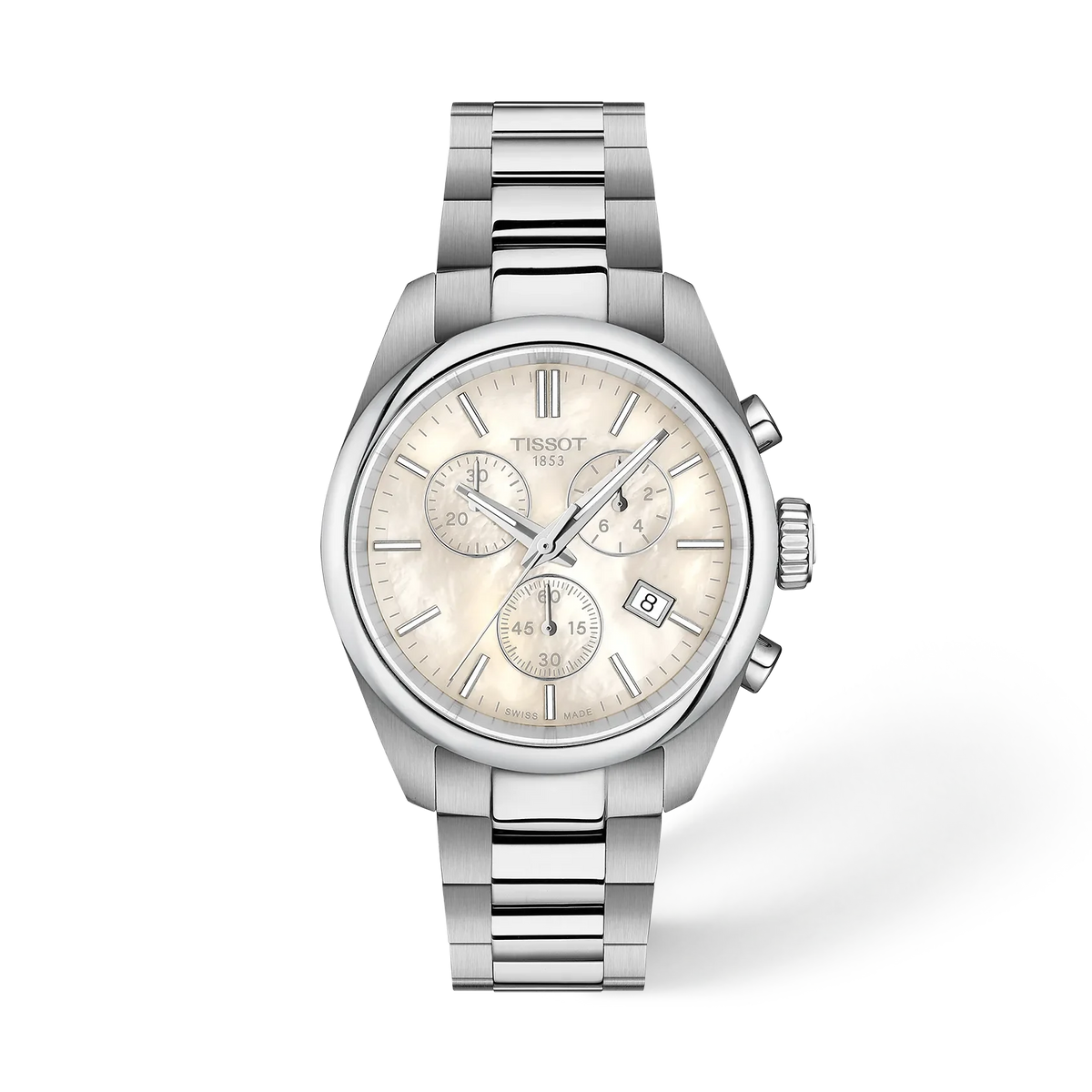 Uhr mit silbernem Gehäuse, silbernem Armband und beigem Zifferblatt mit Chronographen und Datumsanzeige