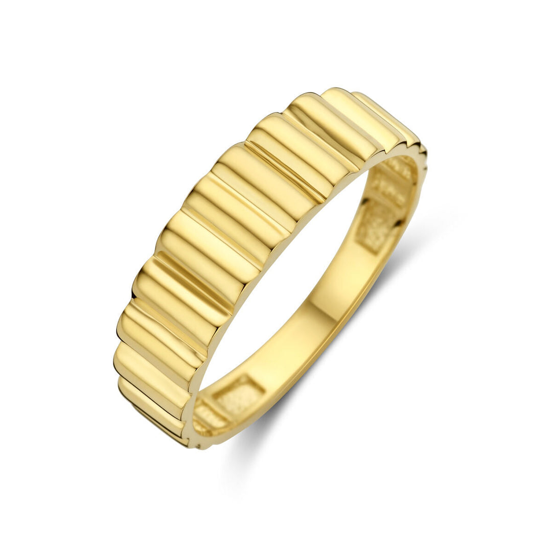 De Van der Kooij Collectie ring 14K geelgoud heeft een geribbelde band en straalt tijdloze elegantie uit op een witte achtergrond.