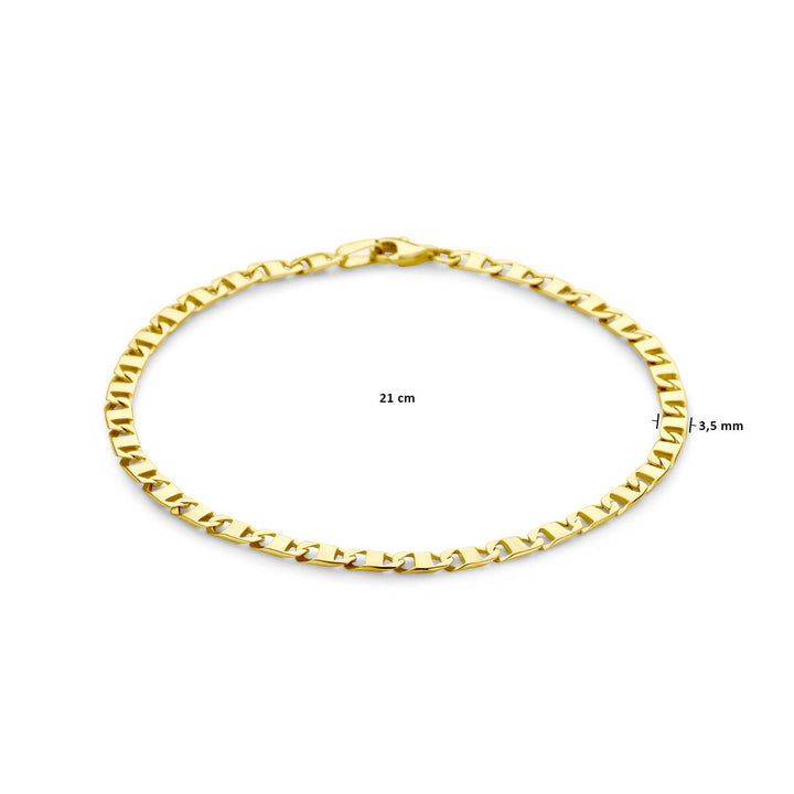 De Van der Kooij Collectie armband 3,5 mm 14K geelgoud heeft platte, rechthoekige ankerschakels en meet 21 cm lang bij 3,5 mm breed, afgebeeld op een witte achtergrond.