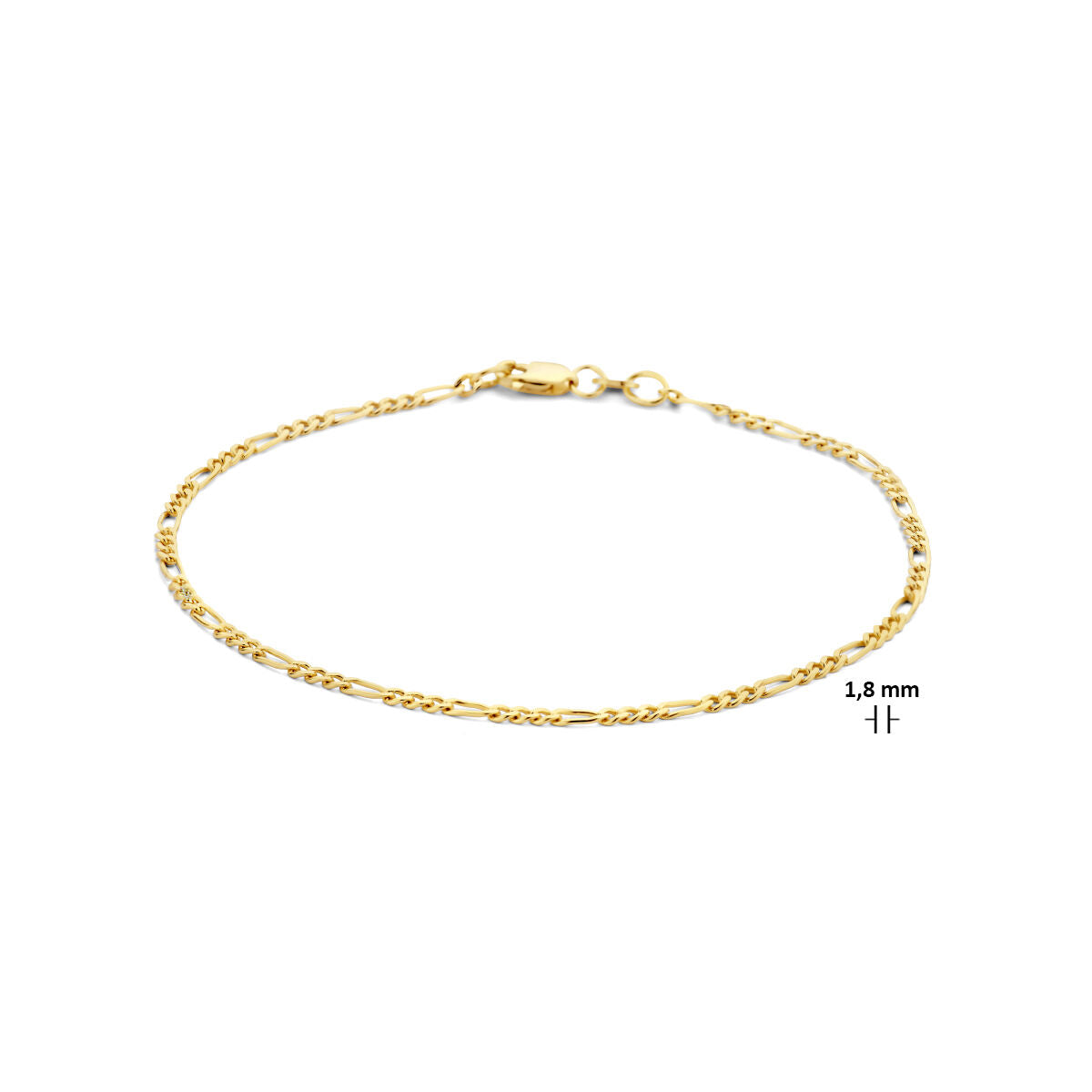 De Van der Kooij Collectie armband figaro 1,8 mm is een delicate 14K geelgouden armband met karabijnsluiting, elegant weergegeven op een witte achtergrond.
