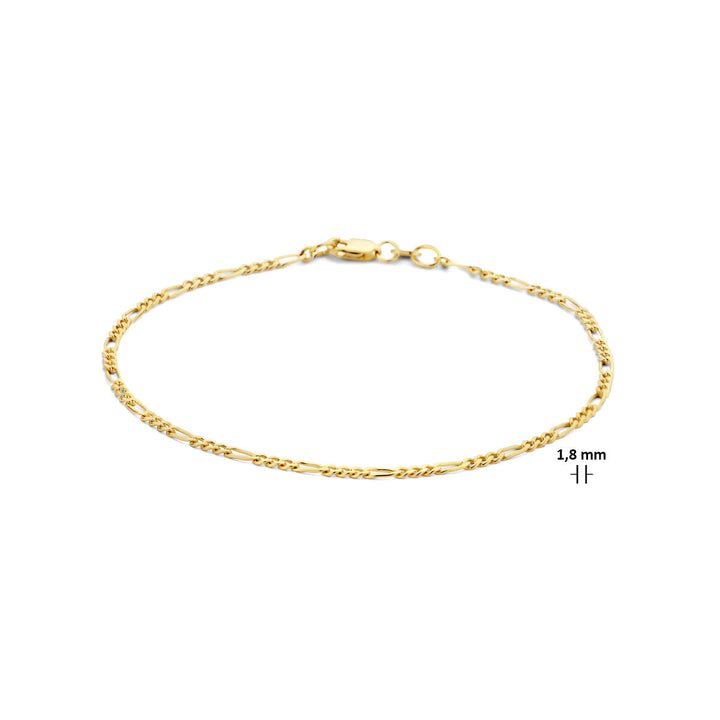 De Van der Kooij Collectie armband figaro 1,8 mm is een delicate 14K geelgouden armband met karabijnsluiting, elegant weergegeven op een witte achtergrond.