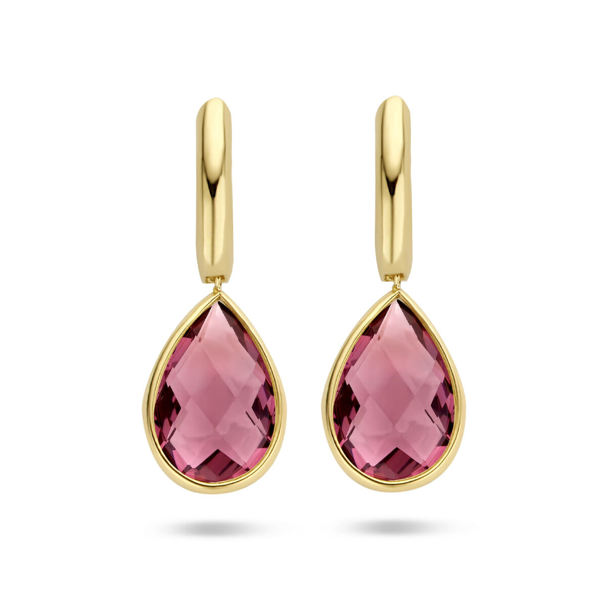 Klapp-Ohrringe aus 14K Gelbgold mit tropfenförmigem Rhodolith-Quarz in pinker Farbe