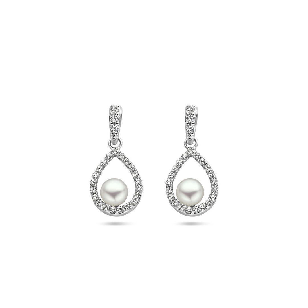 Van der Kooij Collectie oorhangers parel en zirkonia zilver gerhodineerd: stijlvolle oorhangers met teardrop zirkonia omlijsting en een witte zoetwaterparel in het midden, elegant vormgegeven in gerhodineerd zilver.