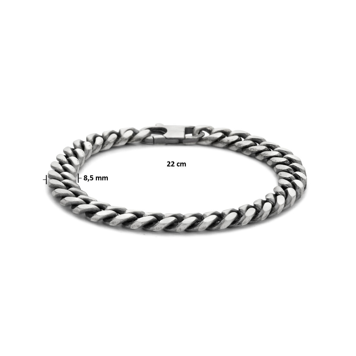 De armband oxi gourmette 6-zijdes geslepen 8,5 mm zilver geoxideerd van Van der Kooij Collectie, 22 cm lang en 8,5 mm breed, wordt getoond op een witte achtergrond.