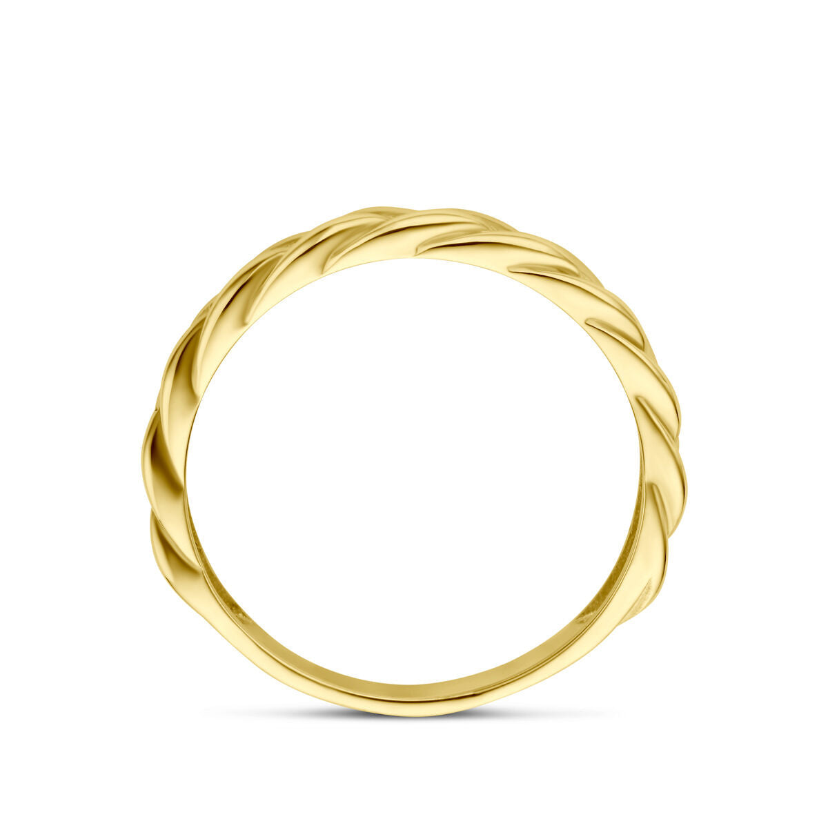 De Van der Kooij Collectie ring gevlochten 14K geelgoud heeft een gedraaid vossestaart schakelmotief ontwerp en wordt weergegeven tegen een effen witte achtergrond.