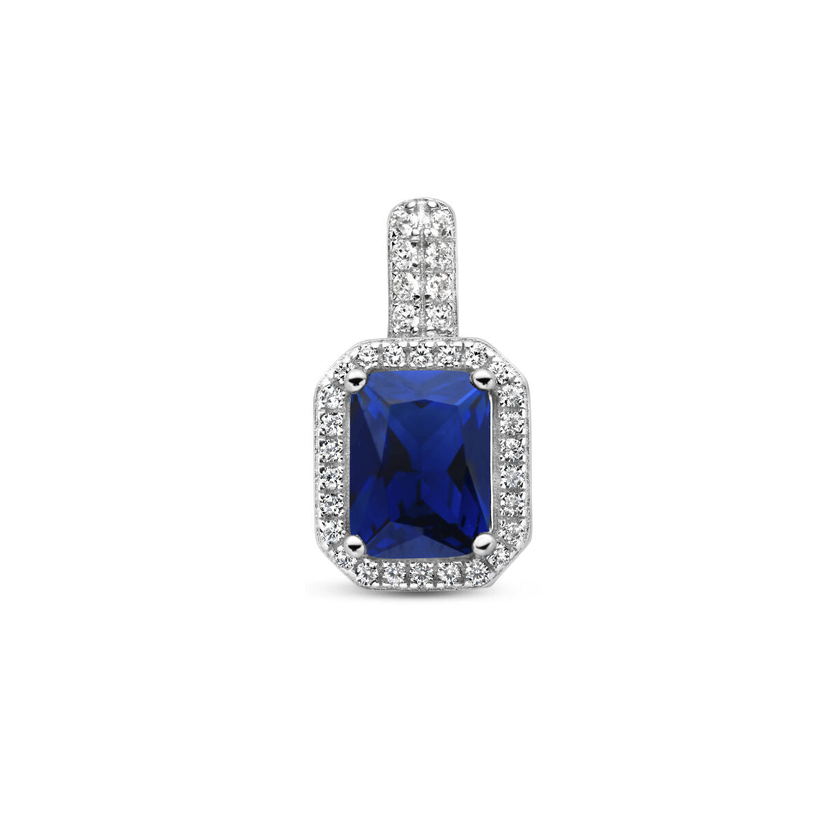 Hänger mit blauem Zirkonia und weißen Zirkonia in Halo-Form, rhodiniertes Silber