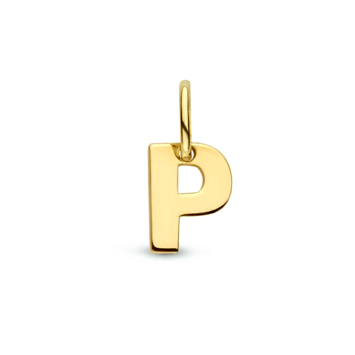 Deze Van der Kooij Collectie hanger letter 14K geelgoud heeft de vorm van de letter P, is voorzien van een klein lusje om aan een ketting te bevestigen en wordt afgebeeld tegen een witte achtergrond.