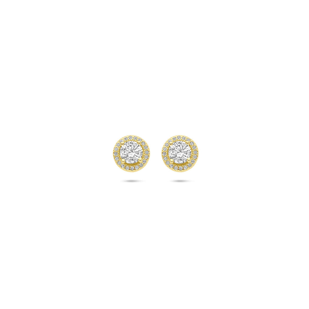 Van der Kooij Collectie oorknoppen zirkonia halo 9 mm, 1 micron zilver verguld (geel), elegante dames sieraad op een witte achtergrond-perfect voor elke gelegenheid.