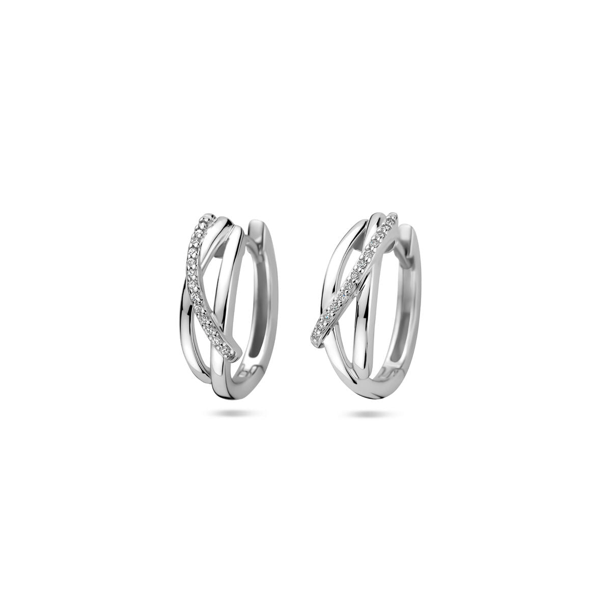 Klapp-Ohrringe aus rhodiniertem Silber mit Zirkonia, 16 mm groß und geschwungenem Design