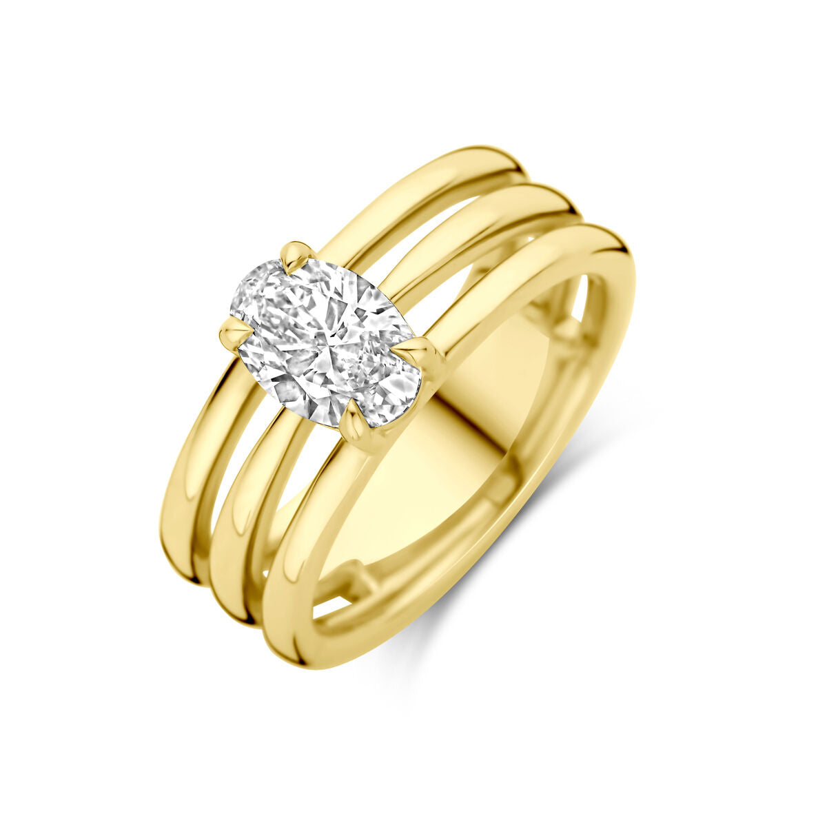 Damenring aus 14k Gelbgold mit ovalem 1.00ct lab-grown Diamanten und dreifachem Banddesign