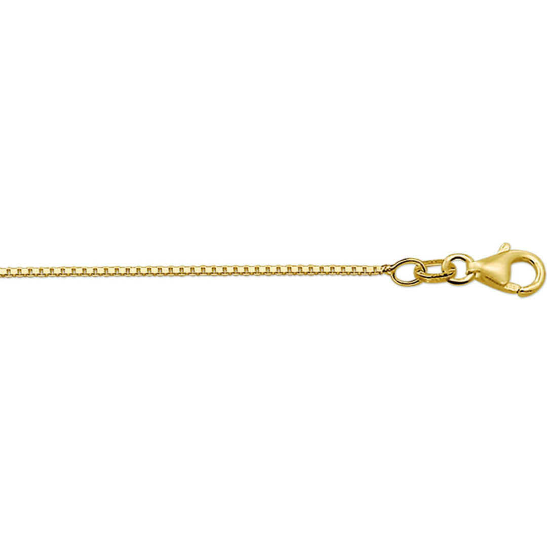 Een close-up van het Van der Kooij Collectie collier venetiaans 1,1 mm in 14K geelgoud met Venetiaanse schakel en karabijnsluiting, afgebeeld op een witte achtergrond - ideaal als unisex collier voor elke gelegenheid.