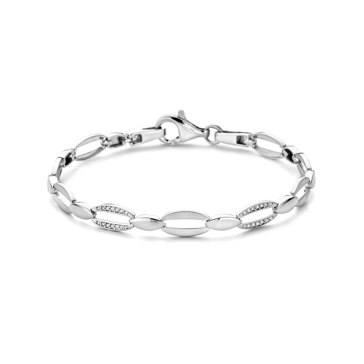 Armband aus rhodiniertem Silber mit polierten und matten Elementen sowie Zirkonia-Steinen