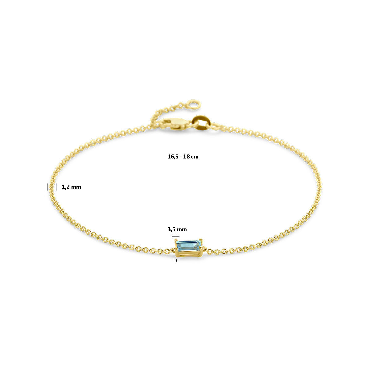 De Gouden armband dames blauw topaas 14K van Van der Kooij Collectie heeft een rechthoekige blauwe topaas (3,5 mm), fijne ketting (1,2 mm) en is verstelbaar van 16,5 tot 18 cm.