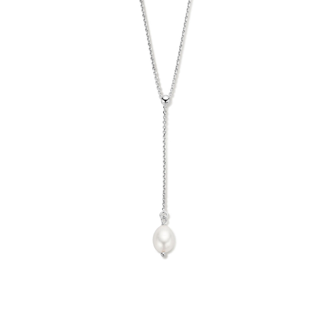 De Van der Kooij Collectie y-collier parel 45 + 5 cm is een gerhodineerde zilveren dames ketting, voorzien van een enkele witte zoetwaterparel hanger aan een korte dropsectie.