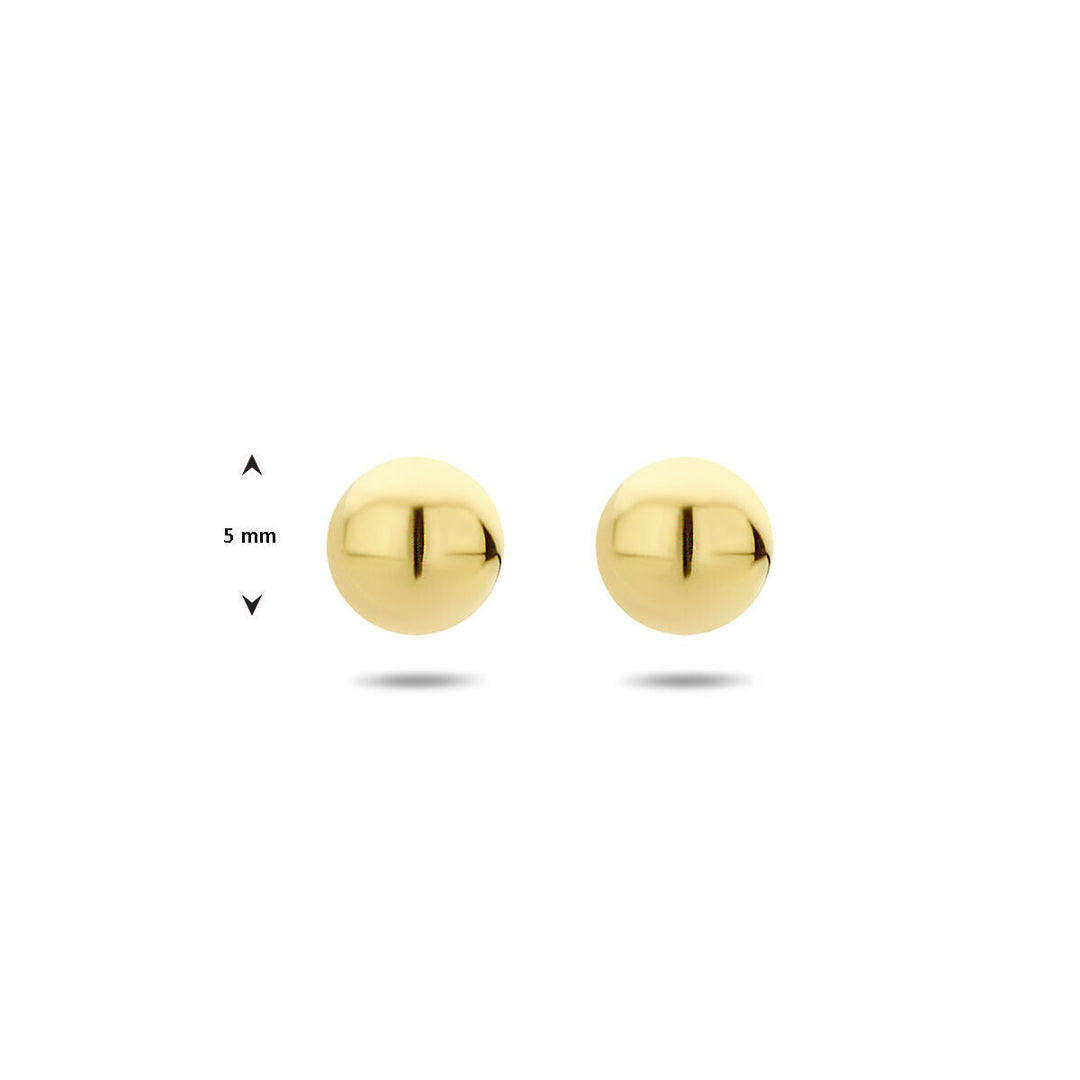 Een paar glanzende Van der Kooij Collectie oorknoppen bolletje 3 micron zilver verguld (geel), 5 mm diameter, afgebeeld tegen een witte achtergrond.