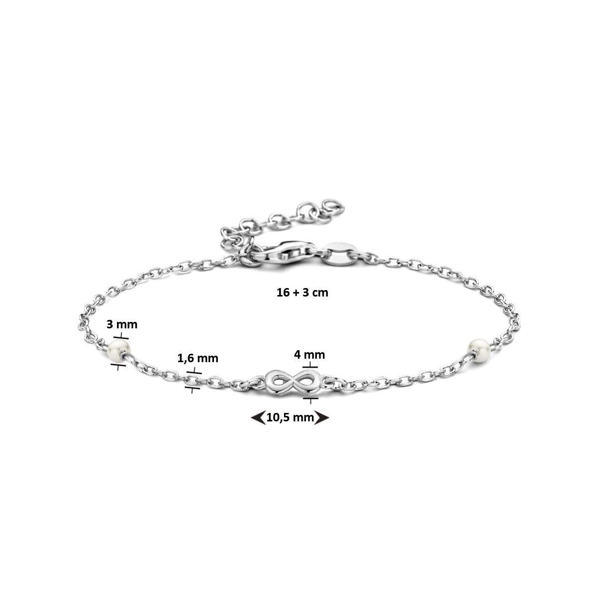 Armband synth. Perle und Unendlichkeit 16 + 3 cm Silber rhodiniert