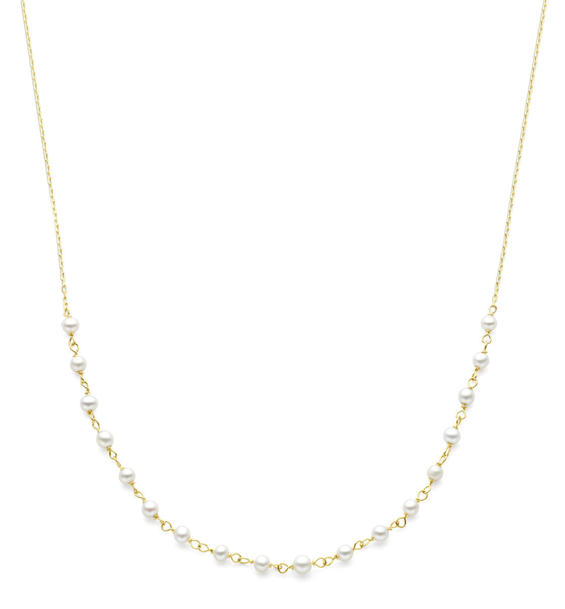 Halskette aus 14K Gold mit weißen Perlen und feiner Gliederkette