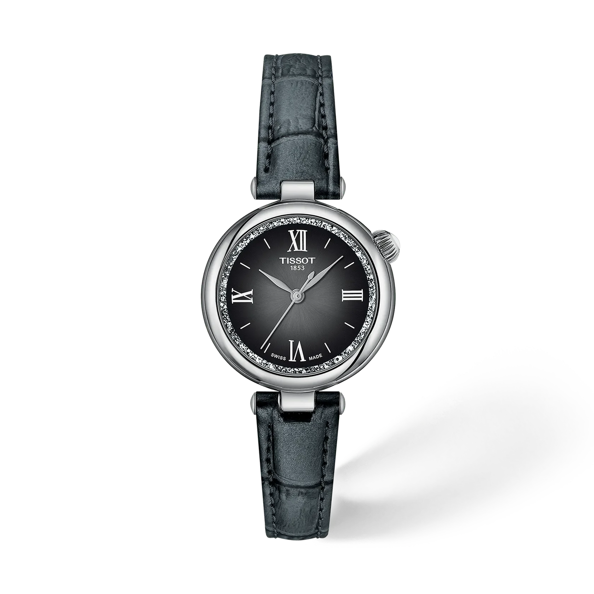 Uhr mit schwarzem Zifferblatt, silbernem Gehäuse und grauem Lederarmband