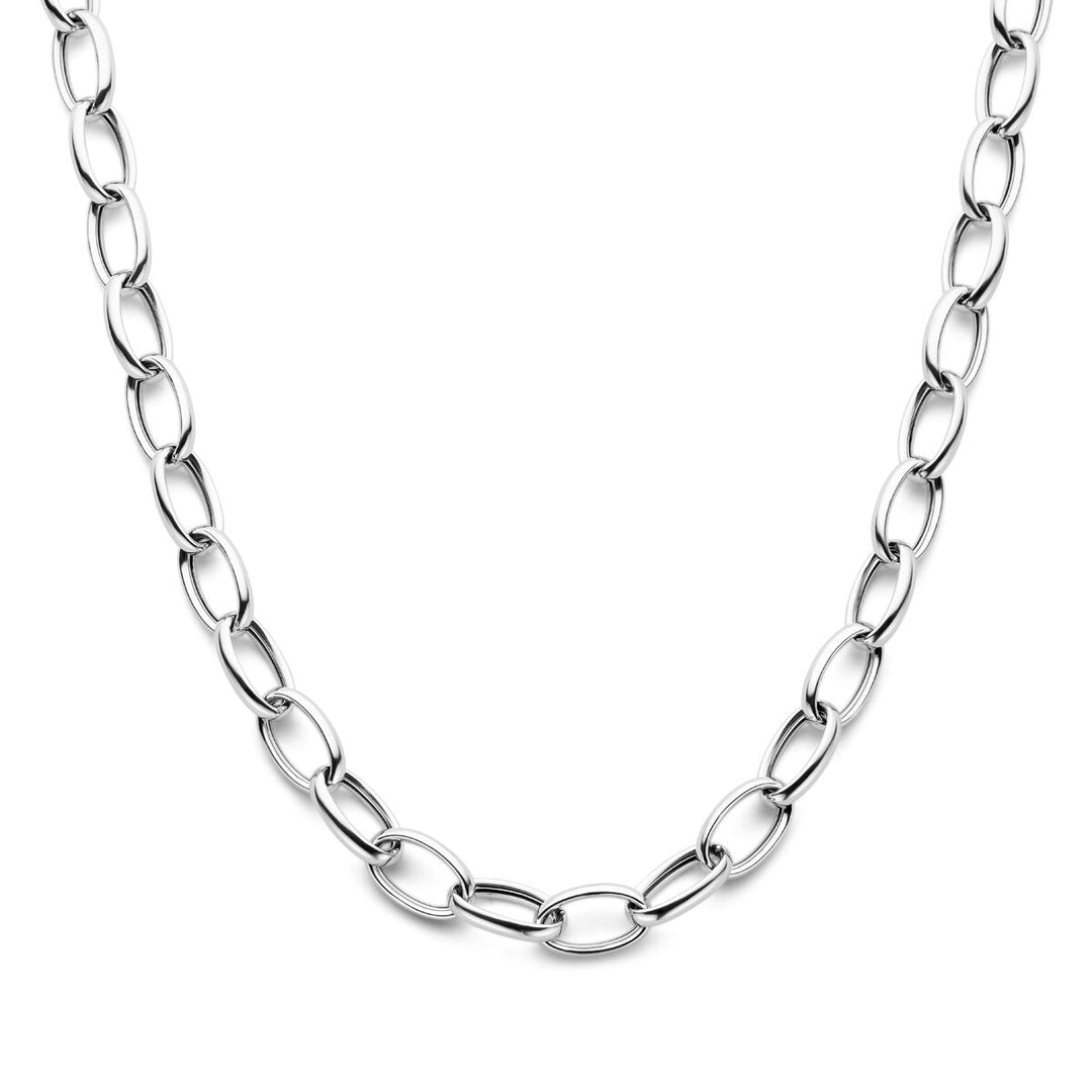 Een close-up van de Van der Kooij Collectie collier anker 10 mm 43 cm, een zilver gerhodineerd collier met ovaalvormige schakels, getoond tegen een witte achtergrond.